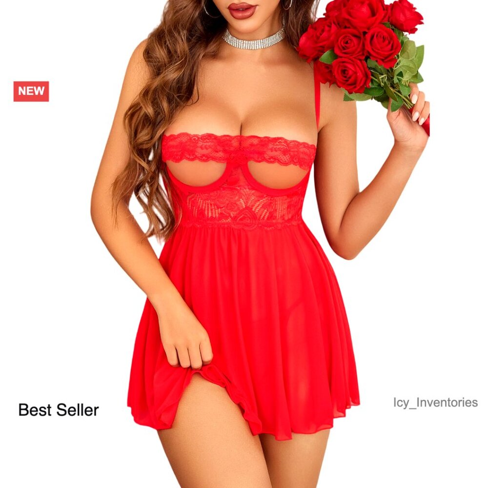 Sheer Mesh Lace Chemise Underwire Babydoll Nightgown Adjustable Straps Sexy